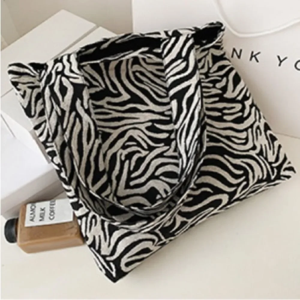 Large Zebra Tote Bag Black White Commuter Travel Minimalist Chic Fabric